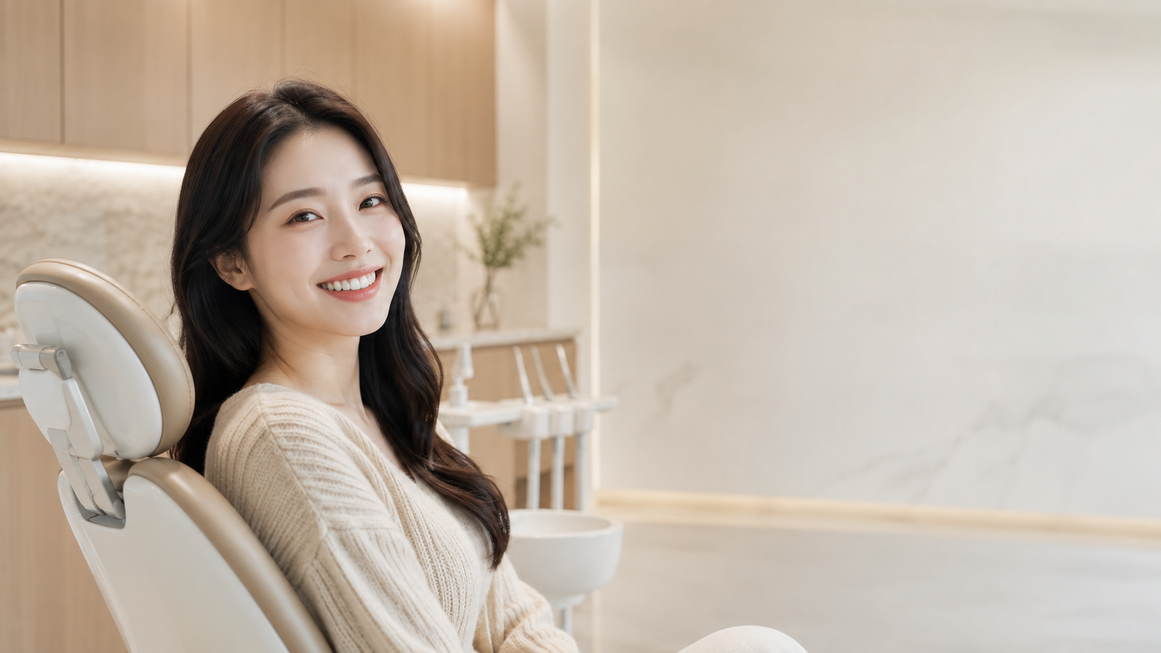 밝은 치과 진료실에서 건강한 치아를 보이며 웃는 여성